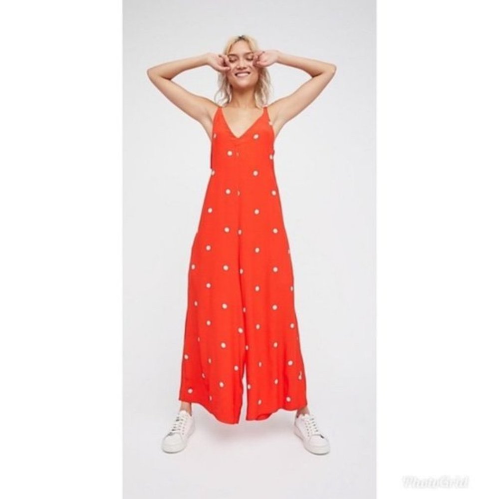 Free People Dream Big Red Polka Dot Jumpsuit